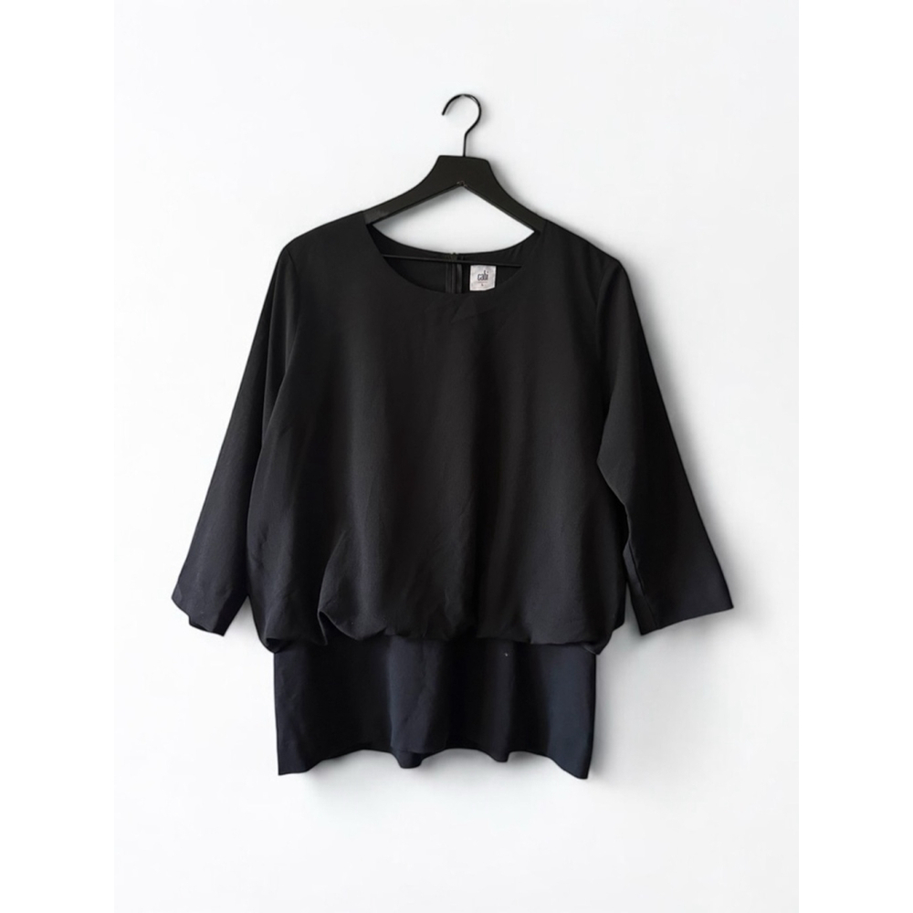 Cabi Black Layered Blouson Top Women’s Large 3/4 Sleeve Scoop Neck